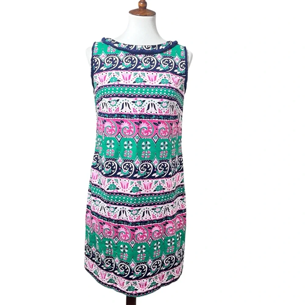 Talbots Sheath Dress Size 6 Multicolor Navy Green Pink Print Sleeveless - Picture 2 of 8